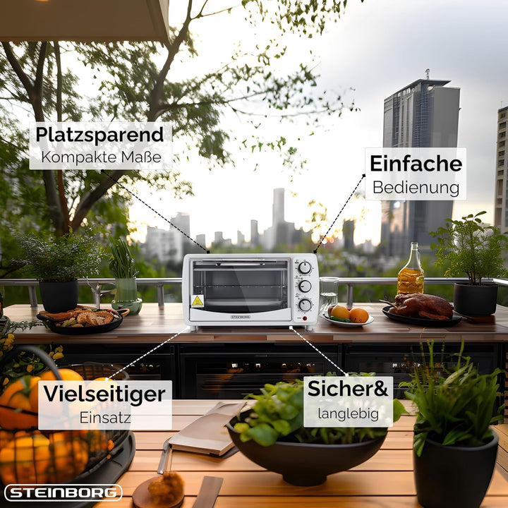 Mini Backofen 13 Liter | 1200 Watt | Pizzaofen | 65°-230°C | Timer | aufklappbares Krümelblech | Min