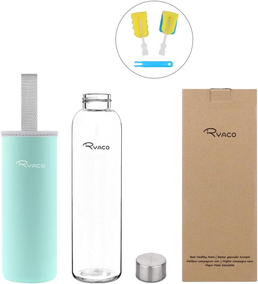 Ryaco Trinkflasche aus Glas 550ml/750ml/1000ml/1L,Glasflasche mit Neoprenhülle,Glastrinkflasche mit