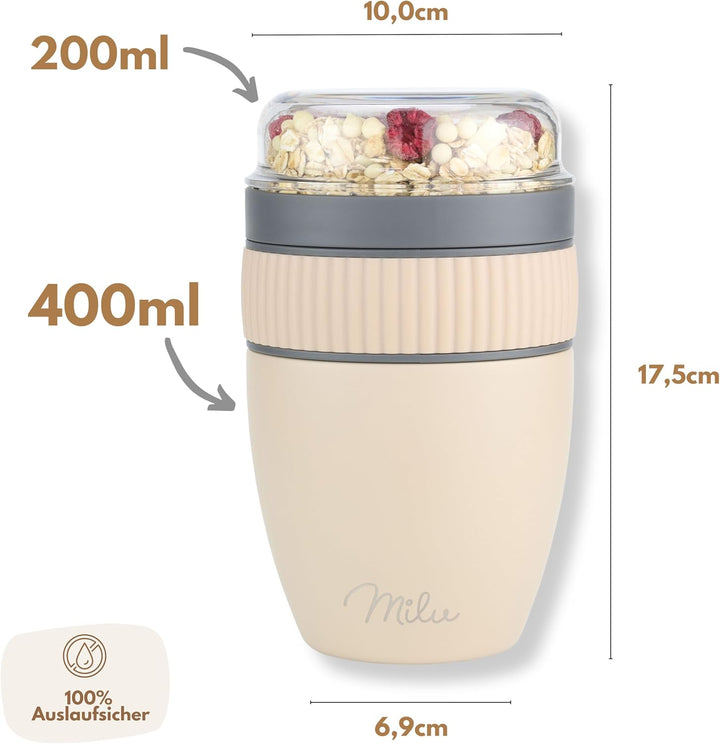 Milu Müslibecher to go 400ml I isolierter Edelstahl Joghurtbecher für Müsli I auslaufsicherer Becher