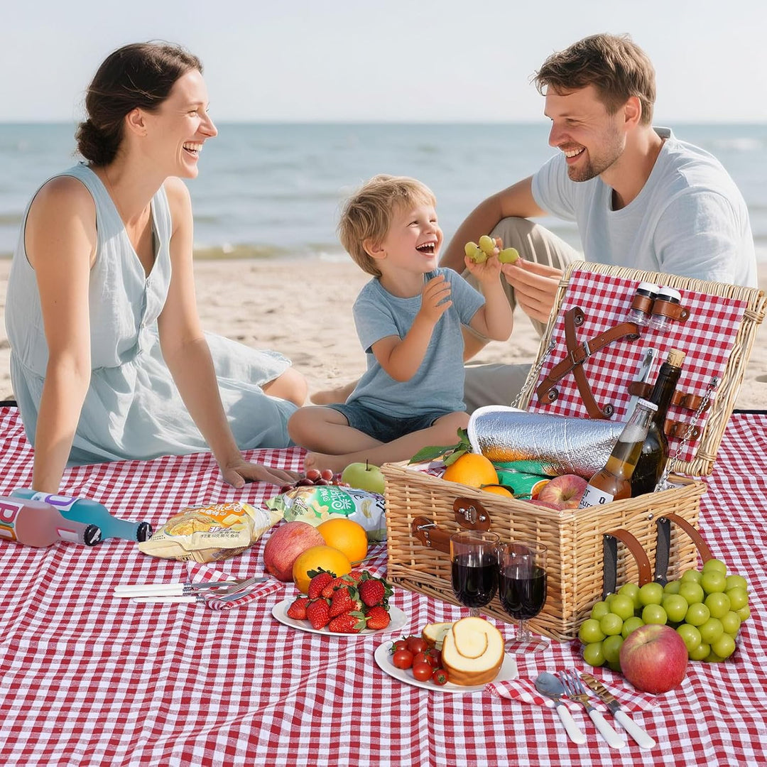Picknickkorb für 2 Personen - Isolierter Vintage Weidenkorb mit wasserdichter Matte & Besteckset Paa