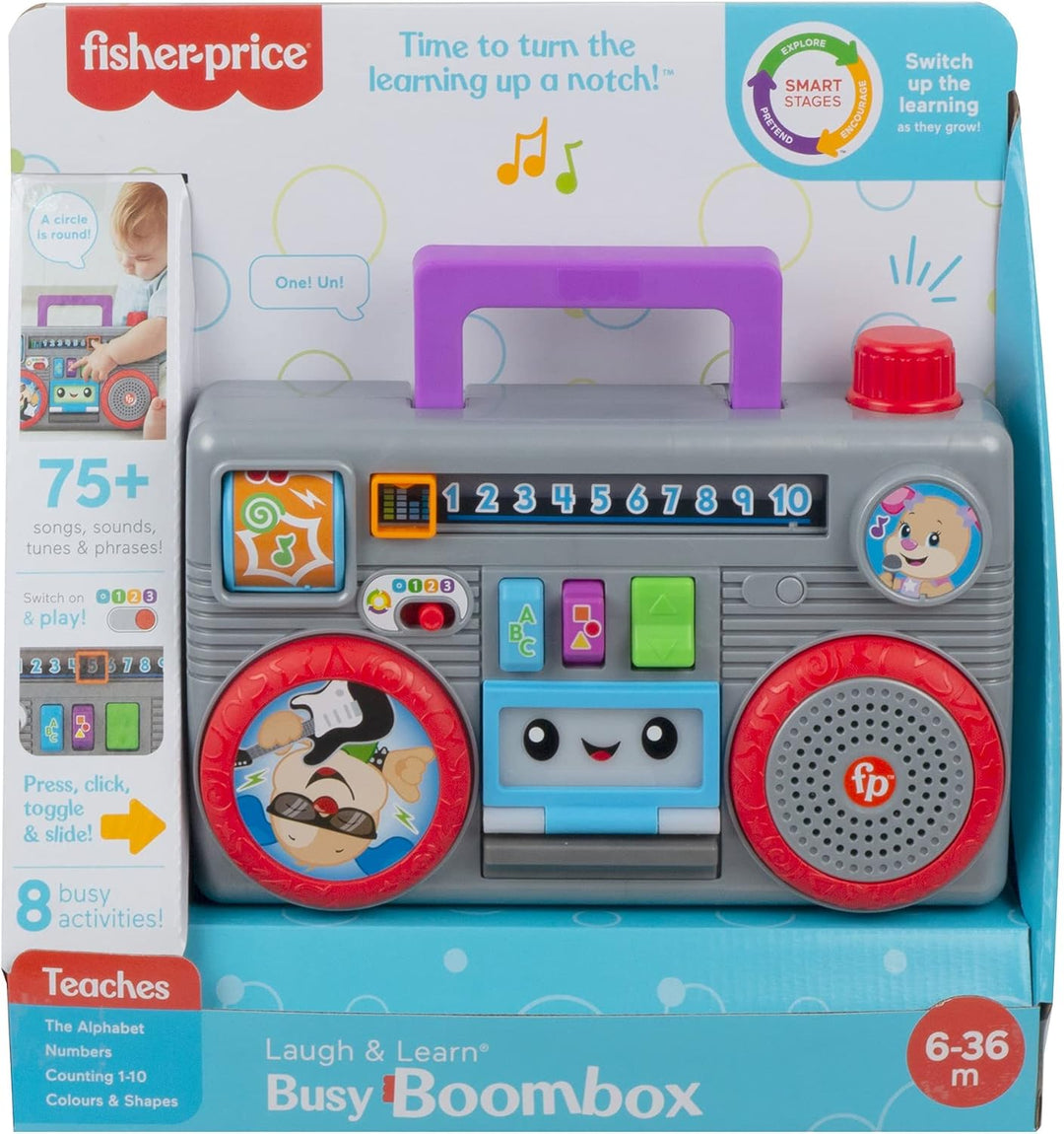 Fisher-Price Laugh & Learn Busy Boombox Retro-inspiriertes musikalisches Kleinkindspielzeug mit Lern