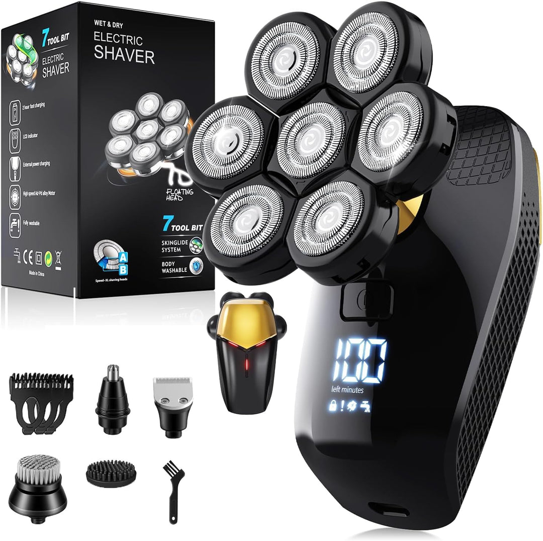 Glatzen- Rasierer Herren elektrisch, 7D Kopfrasierer Glatze mit 5-in-1-Pflegeset, LED-Anzeige, Wiede