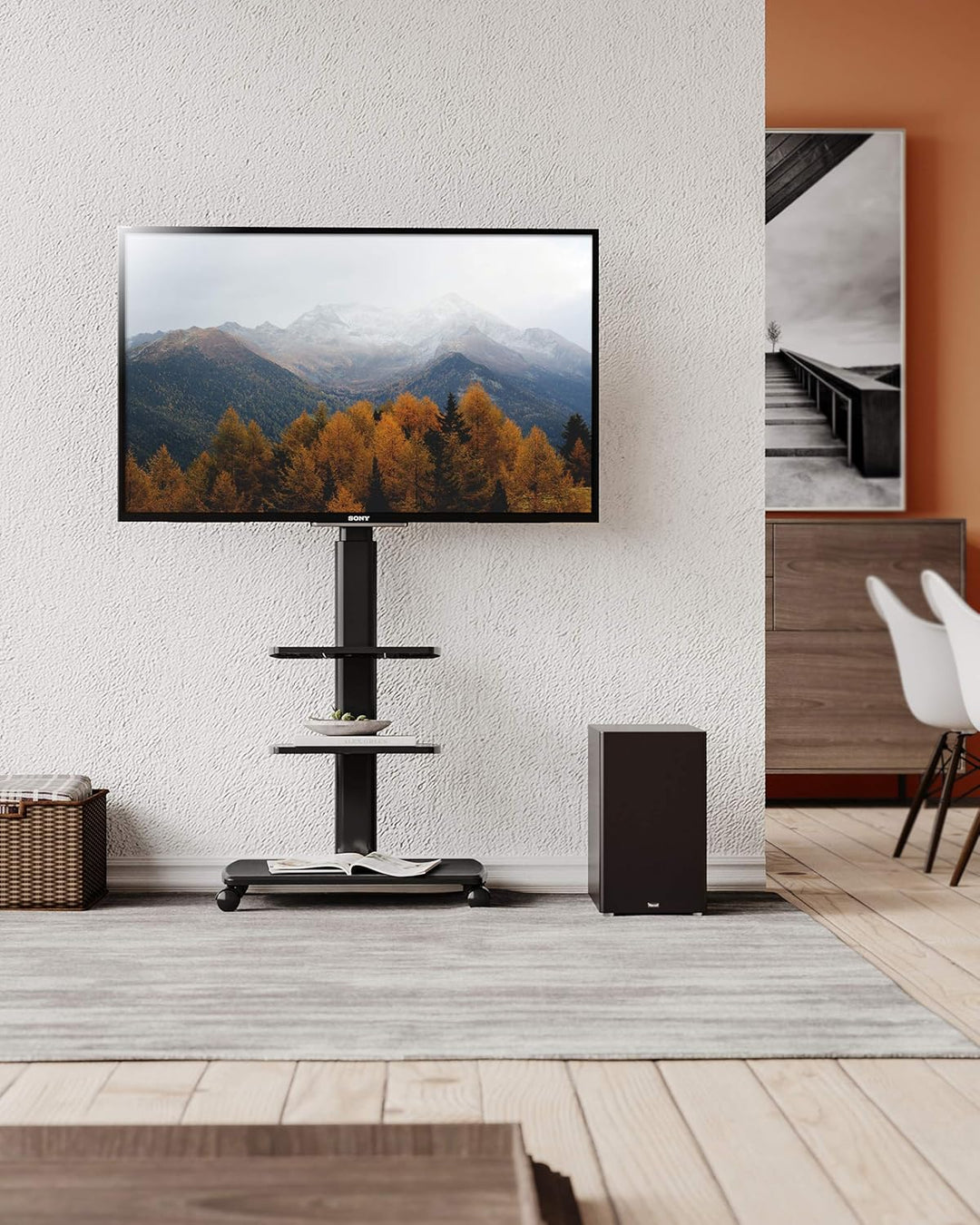 FITUEYES TV Bodenständer Rollbar mit 3 Ablagen TV Standfuss TV Ständer Fernsehstand mit Rollen höhen