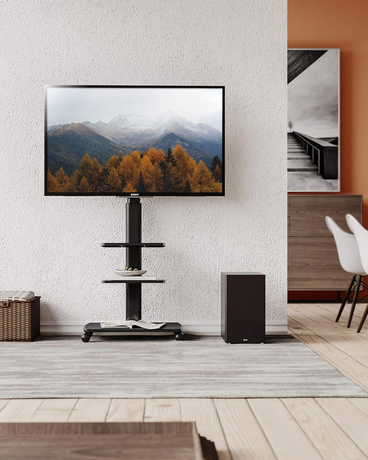 FITUEYES TV Bodenständer Rollbar mit 3 Ablagen TV Standfuss TV Ständer Fernsehstand mit Rollen höhen