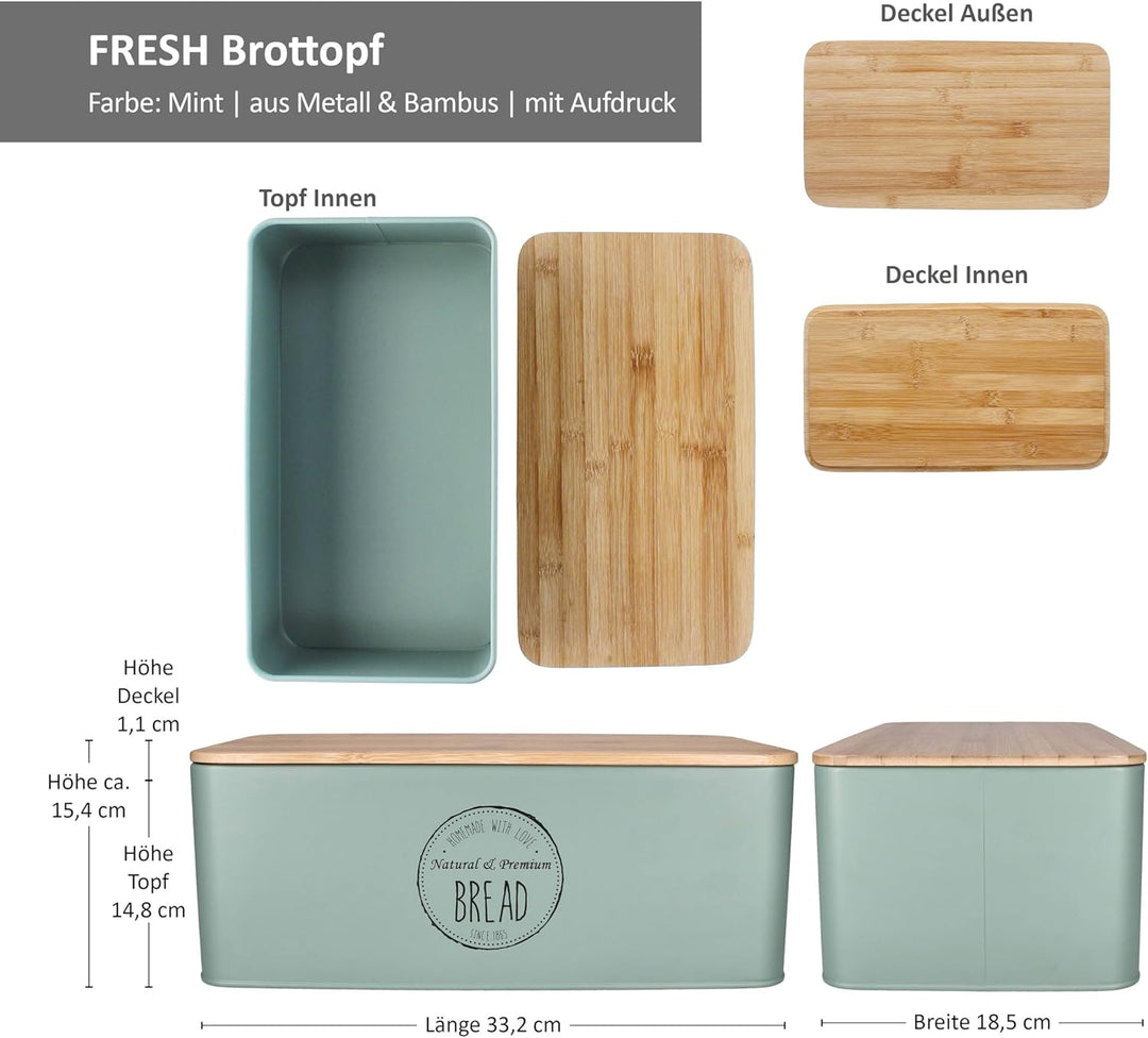 MamboCat Brotbox Fresh mint I (LxBxH) 33,2x18,5x15,4cm I Metall-Brotkasten mit Bambusdeckel I Aufbew