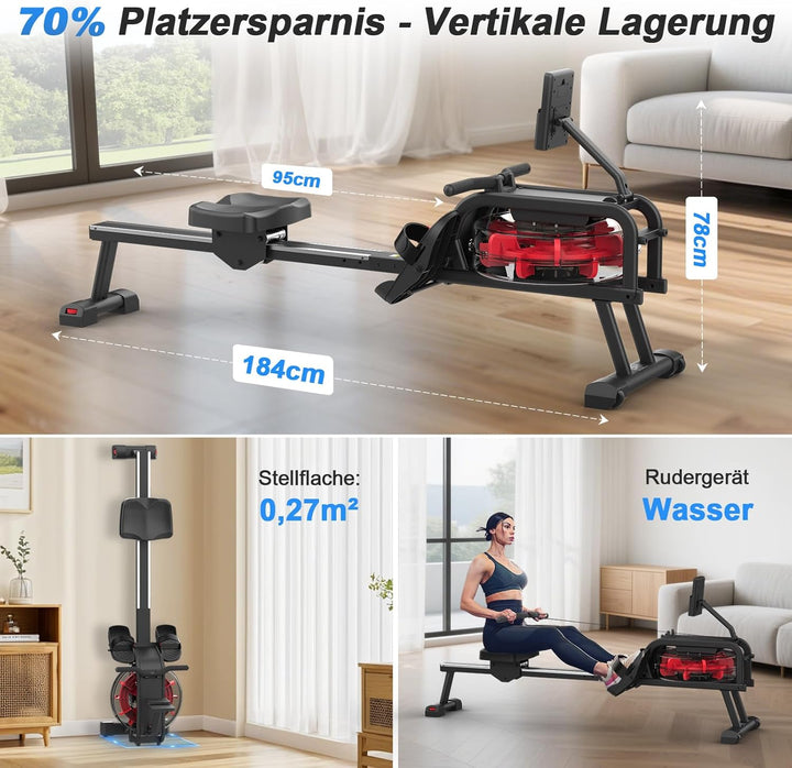 Rudergerät für Zuhause, Rudergerät Wasser 150kg Gewichtskapazität, Rudergerat Wasser mit Bluetooth-F