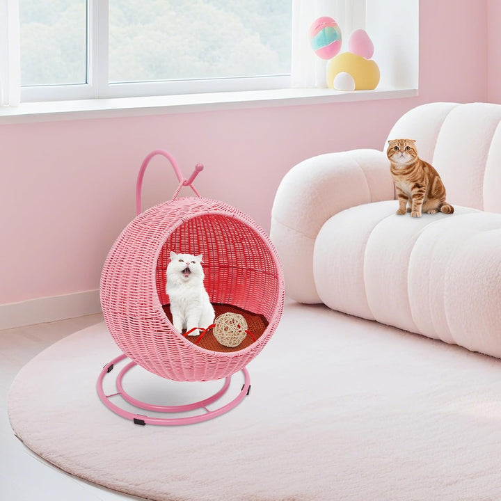 KatzenhäNgematte,Rattan äHnliche HäNgekorb-KatzenhöHle, Freistehend, Gelb Braun Rosa 7,5 Kg Lasten K