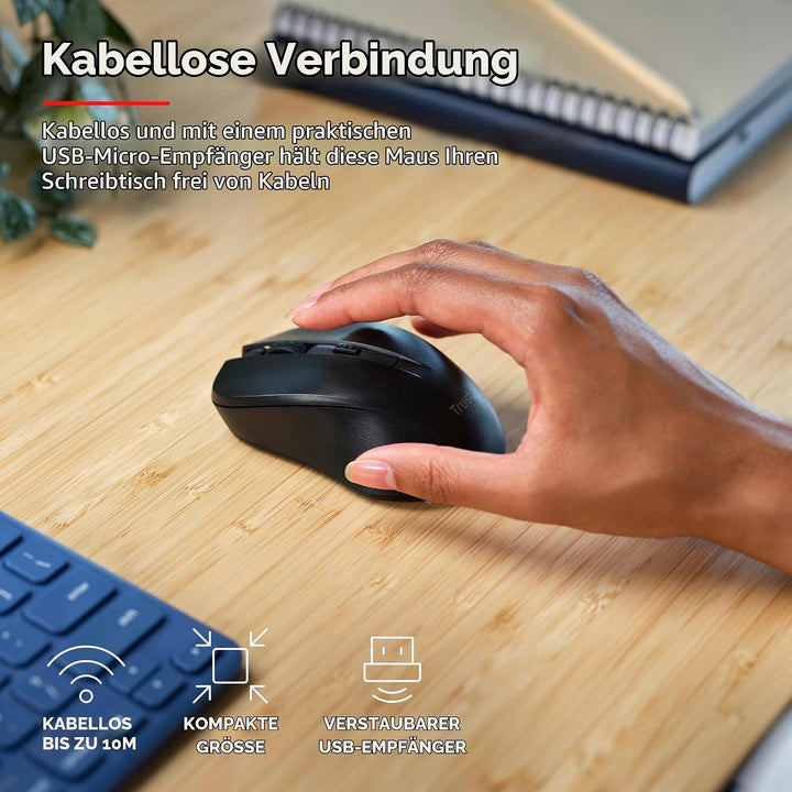 Trust Mydo Leise Funkmaus, 82% aus Recyclingkunststoff, 1000-1800 DPI, Verstaubarer USB Mikroempfäng