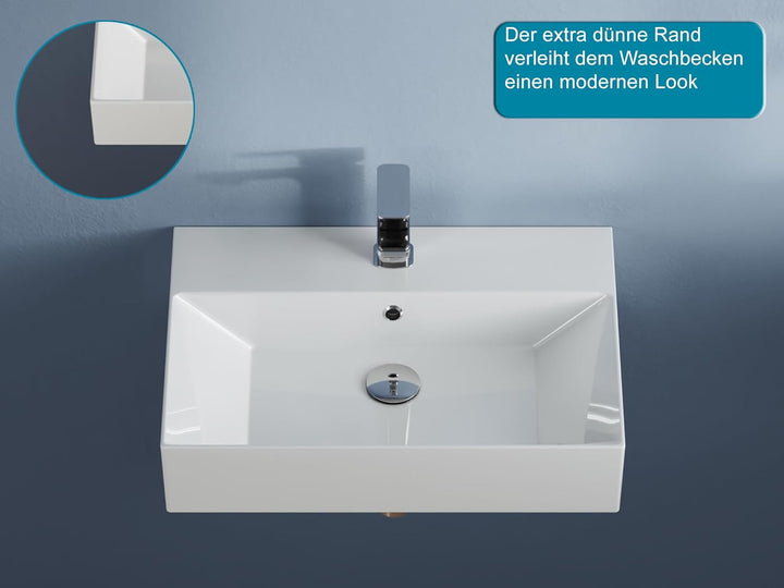 Aqua Bagno | Eckiges Design Handwaschbecken, hochwertige Keramik, modern & stilvoll durch dünnen Ran