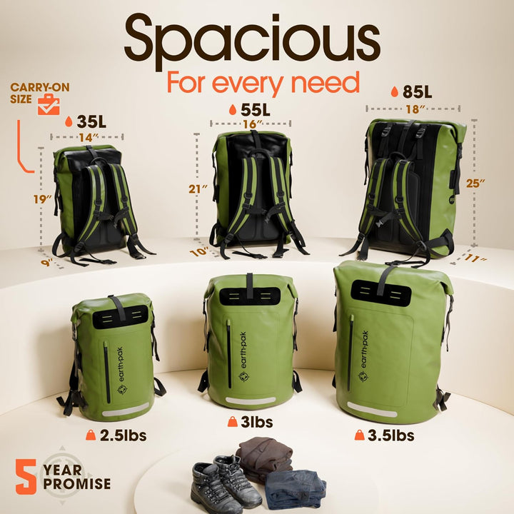 Earth Pak wasserdichter Rucksack – 35L / 55L Waterproof Backpack mit leistungsstarkem Rolltop Rollve