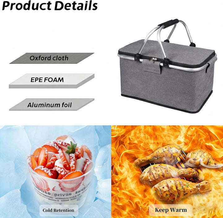 Einkaufskorb Faltbar mit Kühlfunktion Kühltasche Thermokorb mit Deckel Picknickkorb mit Aluminiumrah