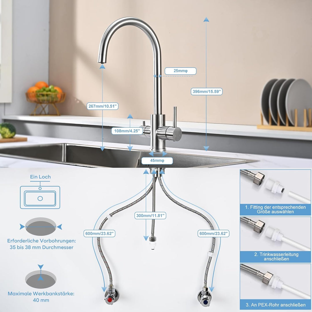 3 Wege Küchenarmatur Küche, DETBOM Wasserfilter Wasserhahn für Trinkwasser Küchenspüle, Trinkwasserh
