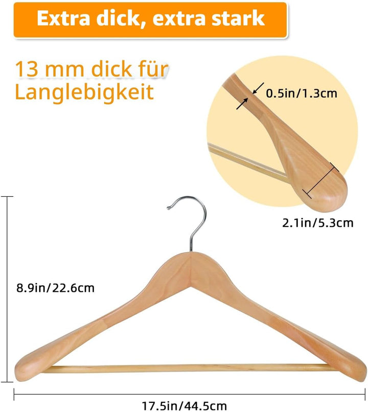 Hangerman Kleiderbügel aus natürlichem Holz, 10 Stück, Kleiderbügel aus Holz, für Jacken, Oberbeklei