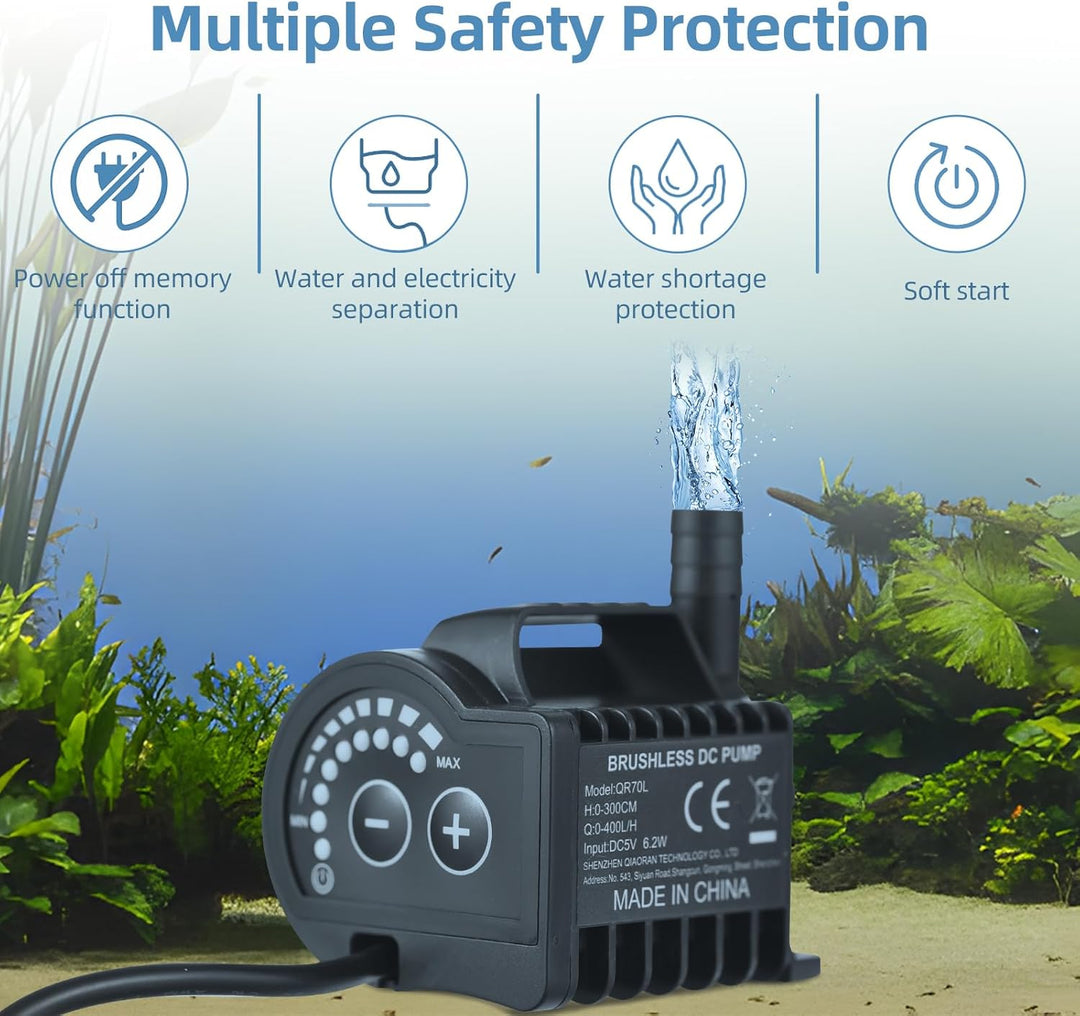 Elektrische Wasserpumpe, QR70L 5V 6.2W 0-400L/H Mikro Tauchwasserpumpe, 8 Stufen Einstellbar Drehzah