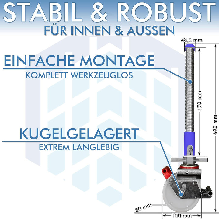 Gerüstrollen 150 mm mit Stahlspindel, passend zu KRAUSE*, doppelt gebremst, lotrecht stehend, Set mi