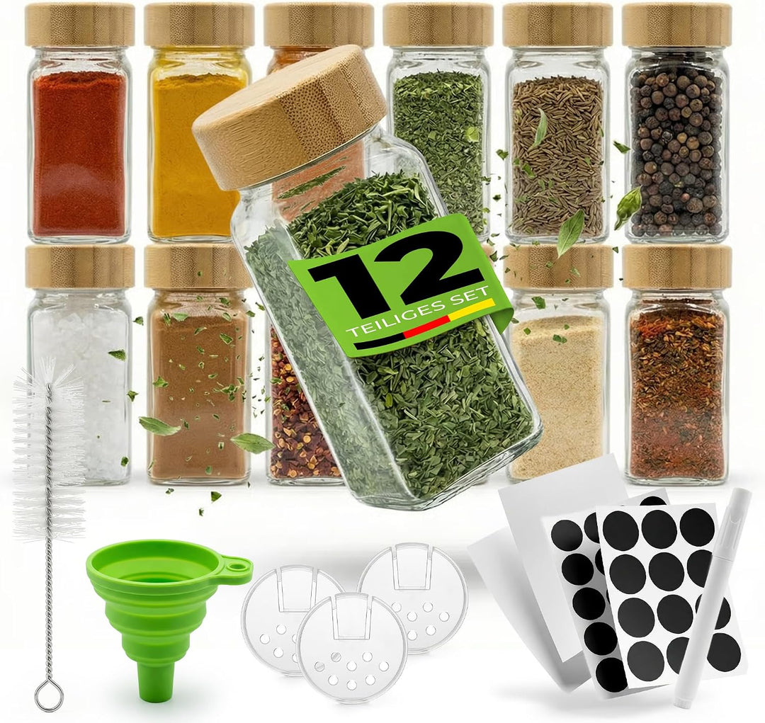 Gewürzgläser Set 12er-120ml eckige Gläserbehälter mit Bambusdeckel &amp; Streueinsatz, inkl. Etiketten,