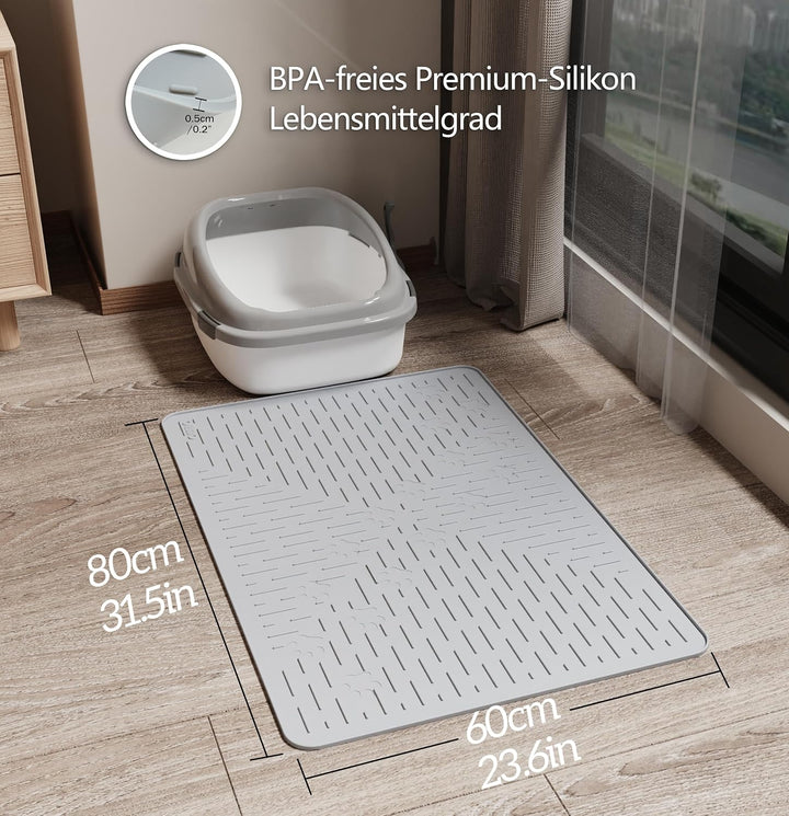 OHMO Katzenklo Matte Katzenstreu Matte Wasserdicht Silikon 60x40cm Grau | Urin&amp;Wasserdichte Katzenma
