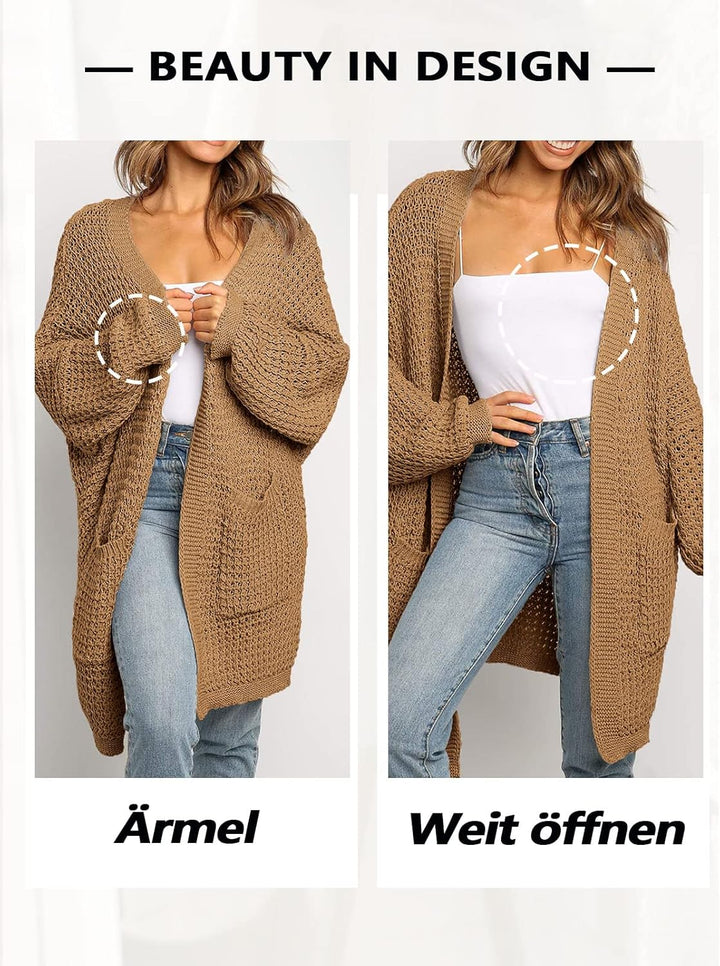 Damen Lang Strickjacke Oversize Langarm Sweater Cardigan Casual Strickmantel Herbst Outerwear mit Ta