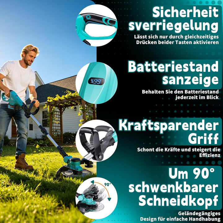 Rasentrimmer mit Akku,Elektro Rasentrimmer mit 2 X 4.0Ah Akkus und Ladegerätn,freischneider mit unkr