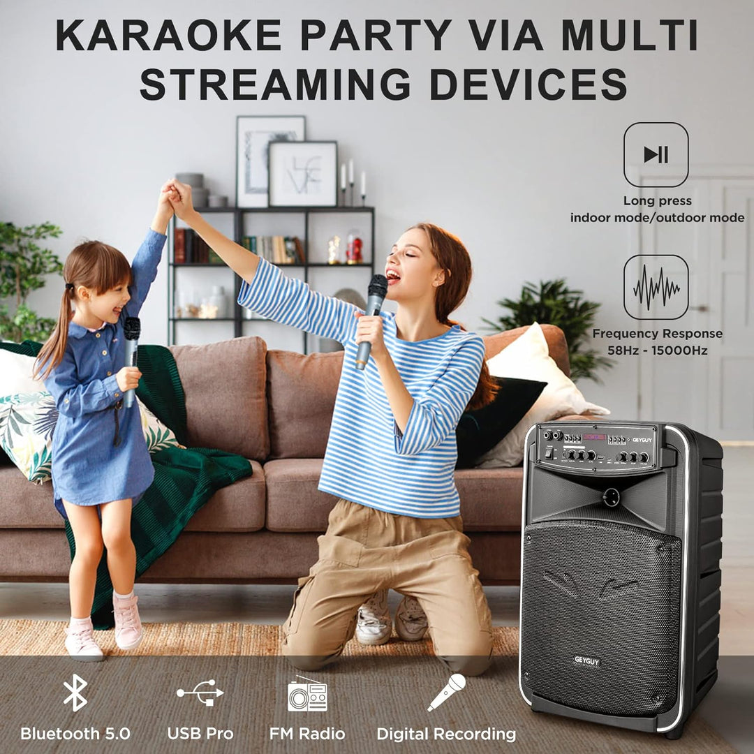 Karaoke Maschine mit 2 kabellosen mikrofonen Kinder 12", Tragbares Bluetooth PA anlage Komplettsets
