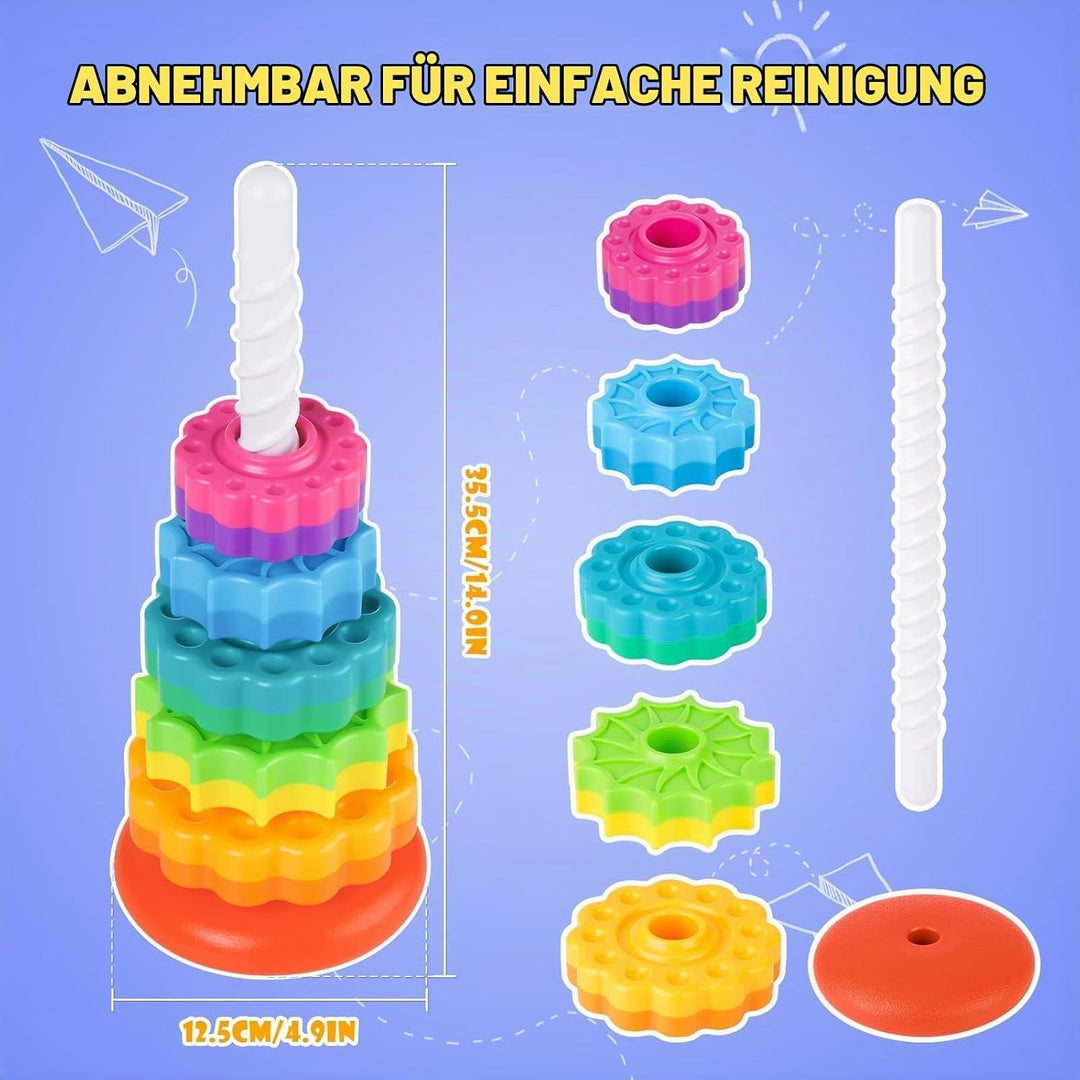 35cm Stapelturm mit Drehfunktion, Regenbogen-Stapelringe Spielzeug für Kinder, Zweifarbige drehende