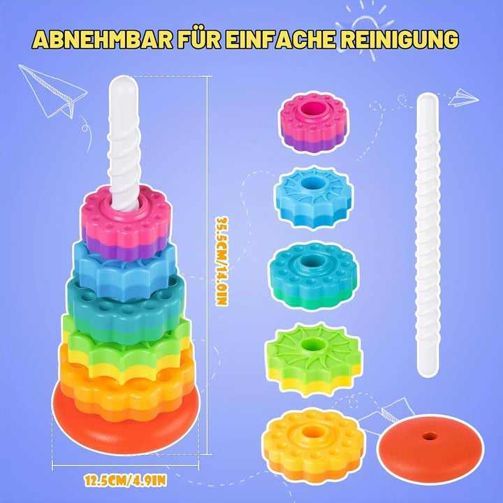 35cm Stapelturm mit Drehfunktion, Regenbogen-Stapelringe Spielzeug für Kinder, Zweifarbige drehende