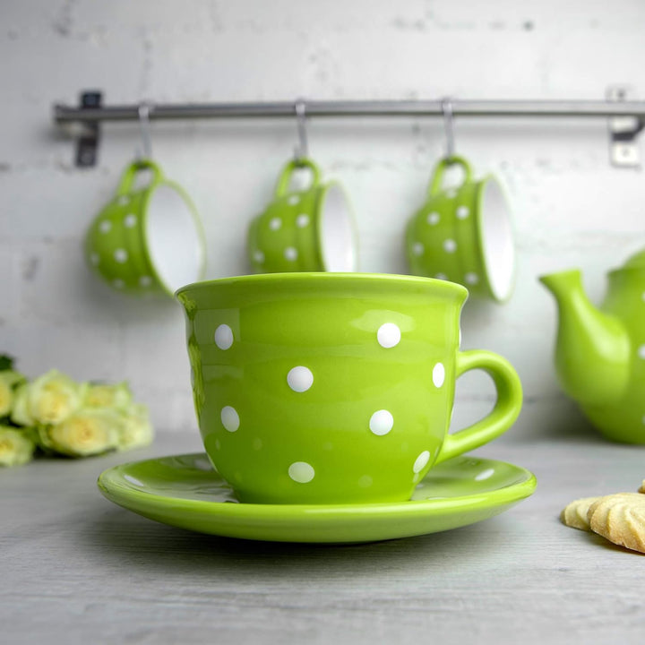 City to Cottage - Keramik Kaffebecher Teetasse 350 ml, Grün und Weiss Polka Dots, Handgemacht Kaffee