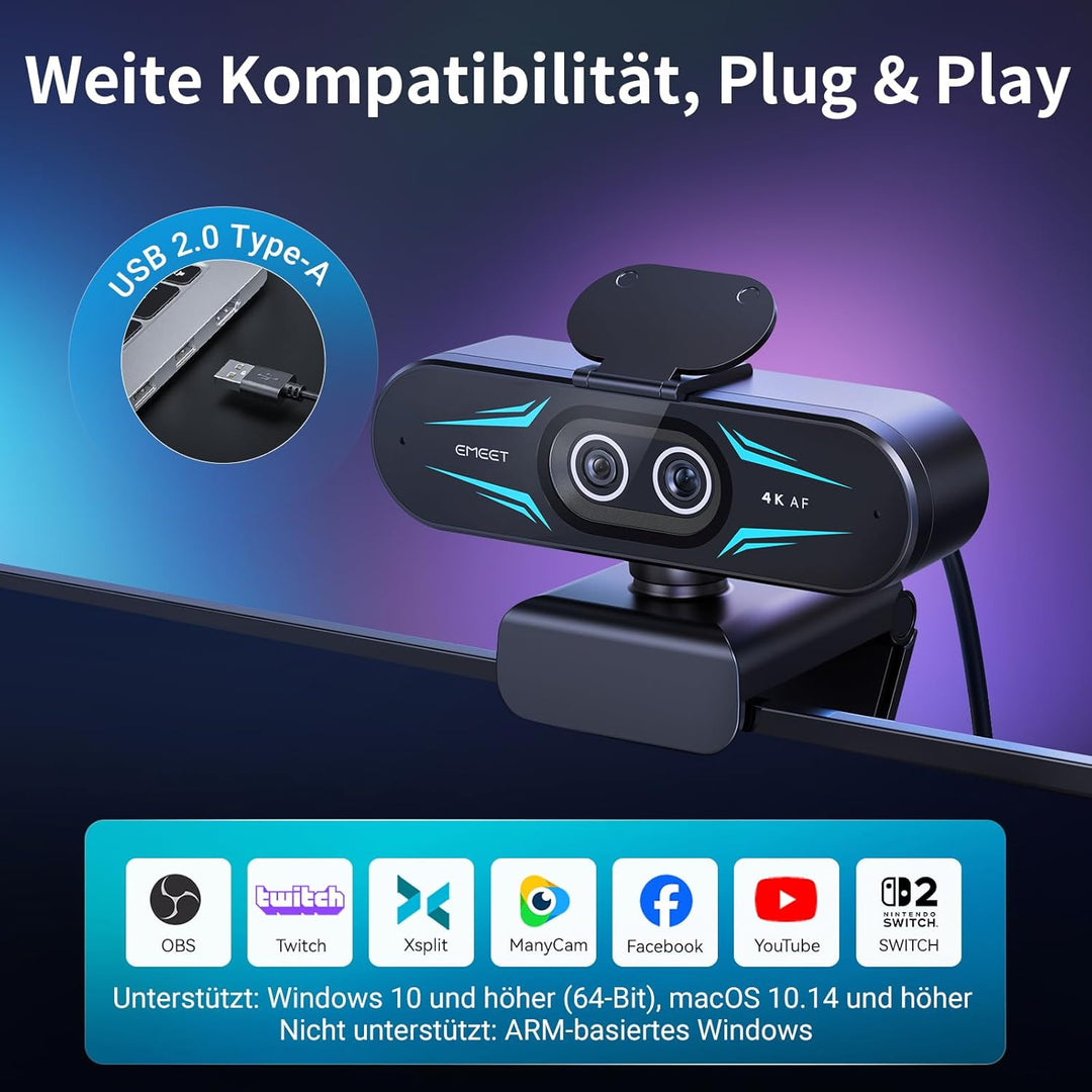 EMEET C60E Dual-Kamera-4K-Webcam für Streaming, Weitwinkel- und Teleobjektiv, bis zu 11-facher Hybri