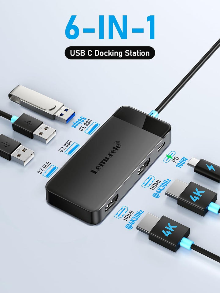 Docking Station USB C Hub Dual HDMI, 2024 Upgrade Lemorele USB C Dock 2*HDMI Adapter 4K, 3 USB 3.0/2