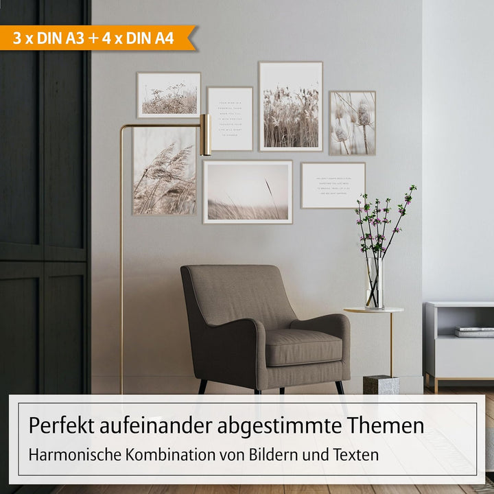 Hyggelig Home Premium Poster Set - 7 Gräser Bilder in Landschaft mit Blumen - Wandposter Boho Scandi