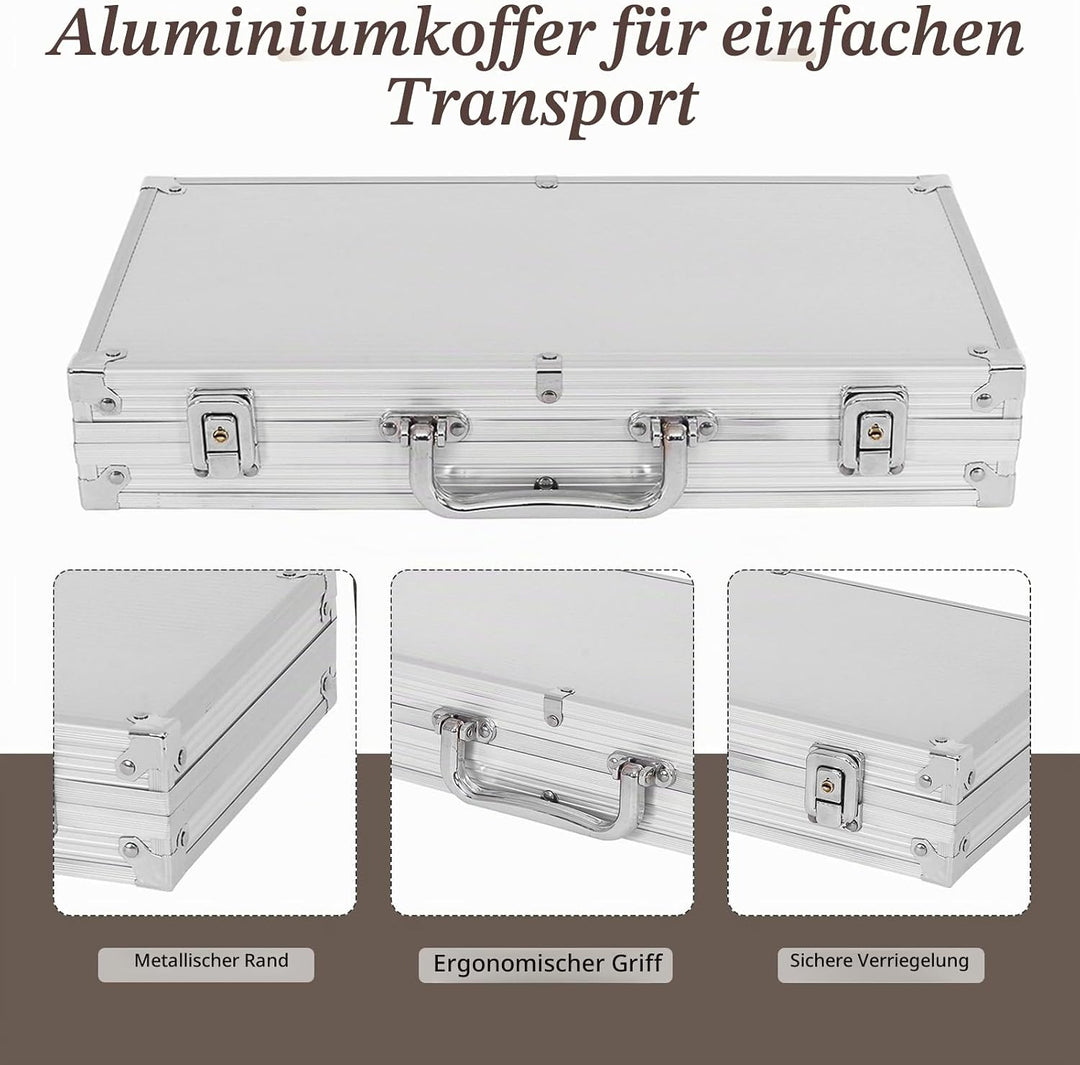 HOMASIS Pokerset mit 300 Chips, Alu Pokerkoffer mit 2 Kartendecks, 5 Würfeln, 1 Dealer Button, Poker