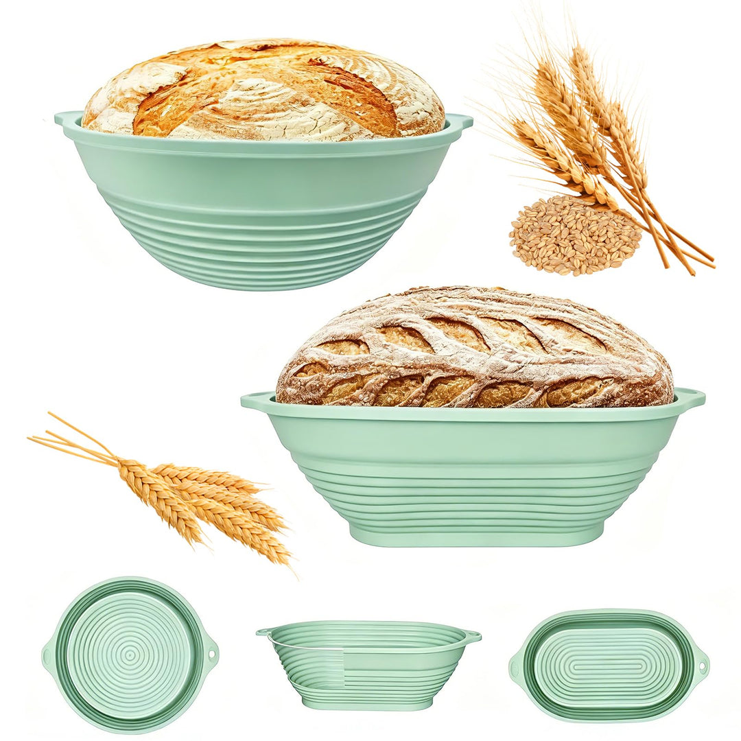 Gärkörbchen Set 2er – Silikon Gärkorb Rund 22,8cm &amp; Oval 28,8x15,9cm, Faltbar Brotgärkorb Brot Backe