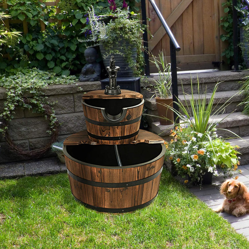 RELAX4LIFE Gartenbrunnen aus Tannenholz, Ø 44,5 cm Holzbrunnen mit Wasserpumpe, Zweistöckiger Spring