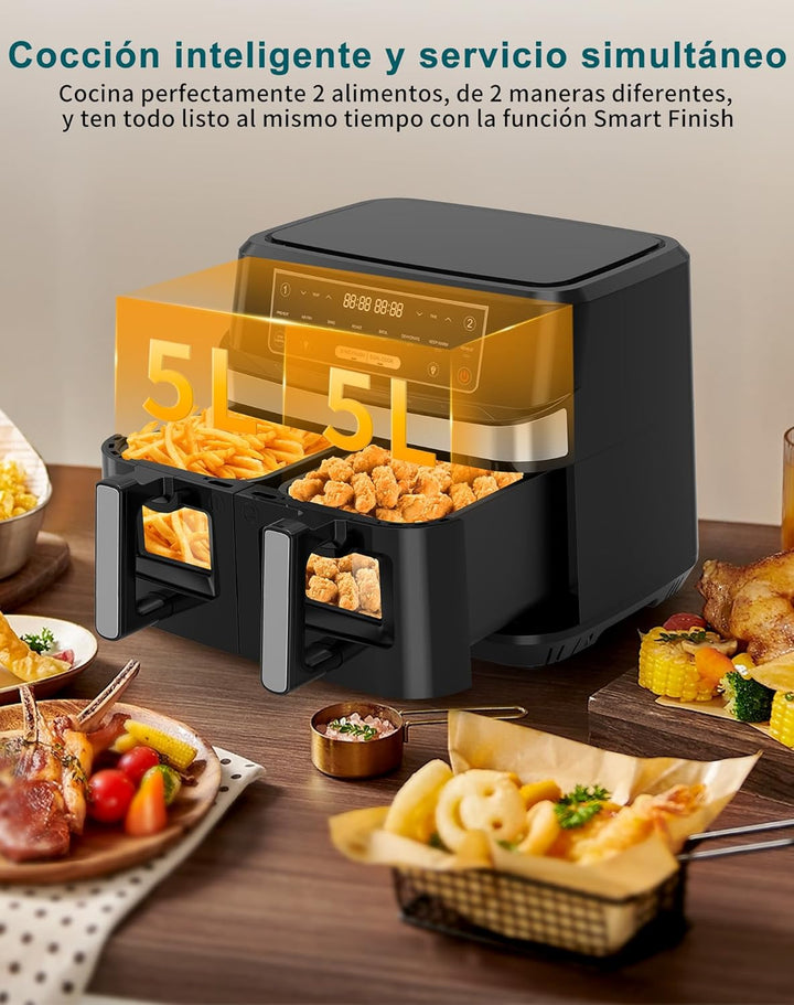 Heissluftfritteuse 2 Kammern mit Sichtfenster, 10L XXL Kapazität Doppel-Airfryer, 8-in-1 Kochvorgabe