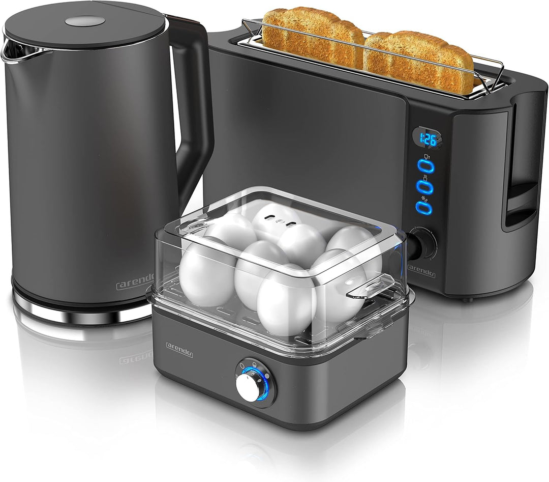 Arendo - Wasserkocher mit Toaster und Eierkocher SET Edelstahl Cool Grey Wasserkocher 1,5L 40° - 100