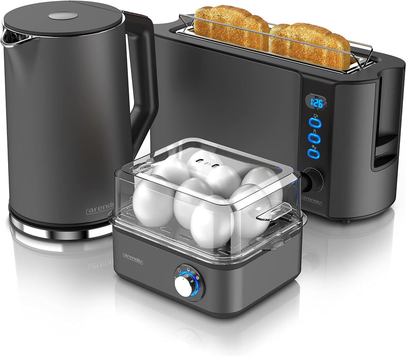 Arendo - Wasserkocher mit Toaster und Eierkocher SET Edelstahl Cool Grey Wasserkocher 1,5L 40° - 100