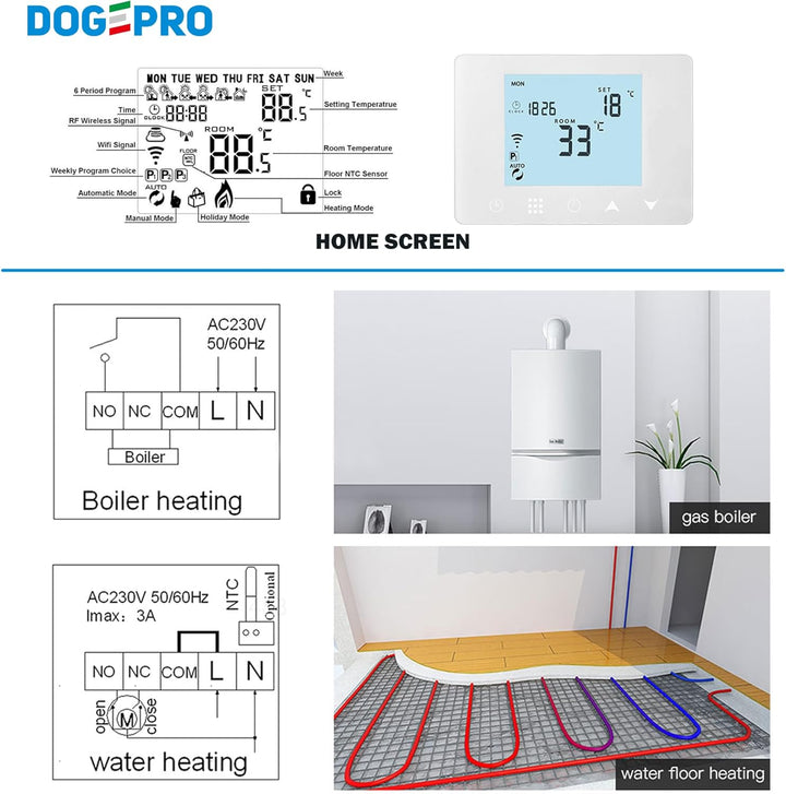 Dogepro WiFi Thermostat Thermostat für Gas/Wasserkessel, Smart Wandthermostat, kompatibel mit Alexa