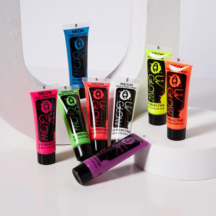 24 x 10ml UV-Bodypaint Körpermalfarben Schwarzlicht fluoreszierende Schminke Bodypainting Neon Farbe