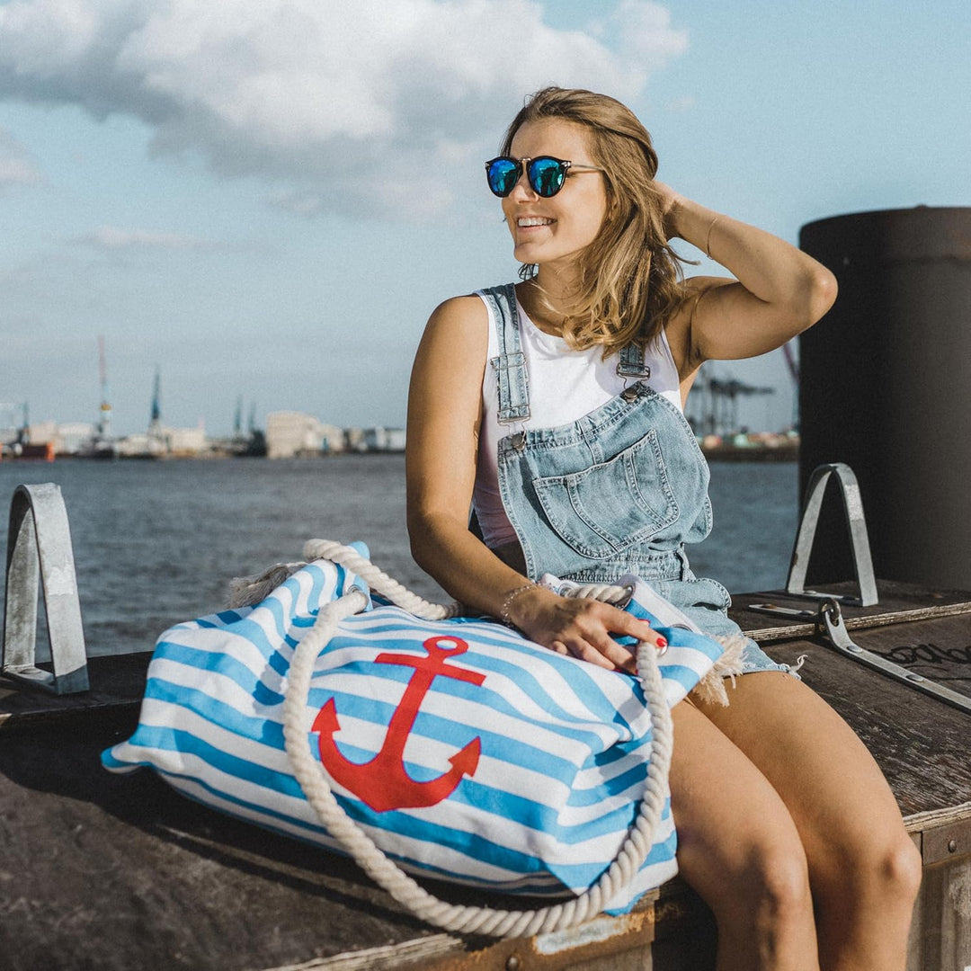 Sonia Originelli XXL Familienshopper Strandtasche Weekender maritim gestreift mit Anker Aufdruck Far