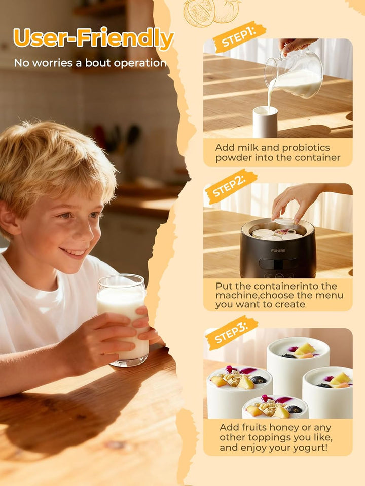 FOHERE Joghurtbereiter, Joghurt inkl. 2 XXL Glasbehälter 2000 ml und 1400 ml, 4 Keramik Portionsbech