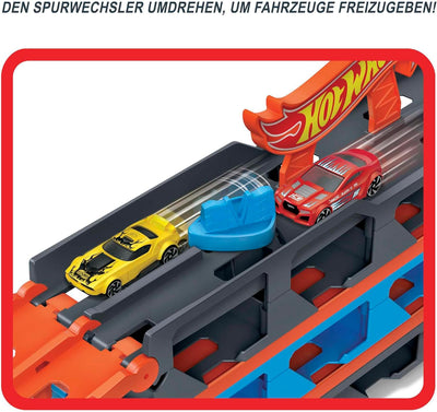 Hot Wheels - 2:1 Autorennbahn zu Transporter, inkl. 3 Spielzeugautos, mit Doppelstarter, Auslösefunk