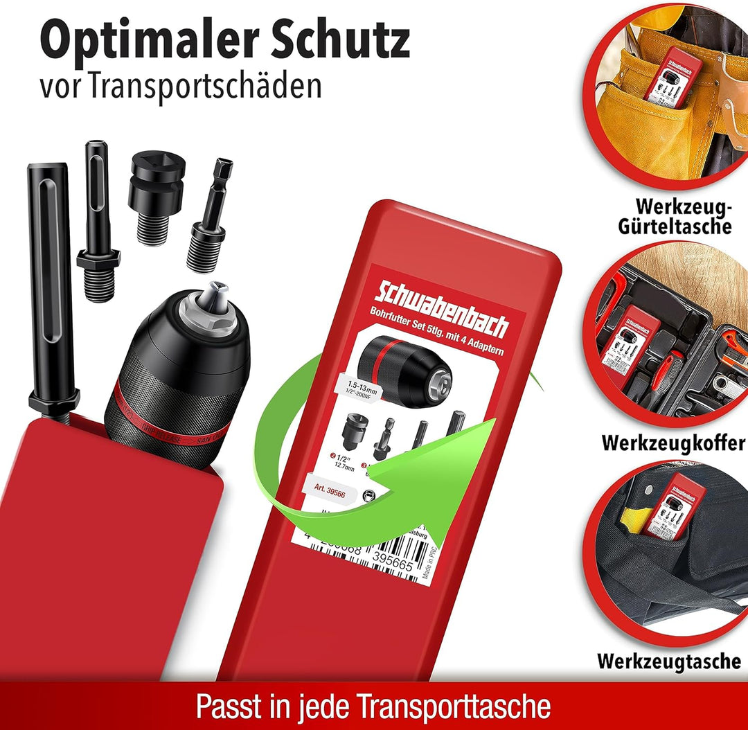SCHWABENBACH ® Schnellspannbohrfutter Komplett Set 5tlg, 1,5-13mm 1/2-20UNF für Bohrmaschinen und Sc