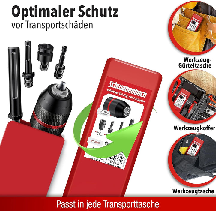 SCHWABENBACH ® Schnellspannbohrfutter Komplett Set 5tlg, 1,5-13mm 1/2-20UNF für Bohrmaschinen und Sc