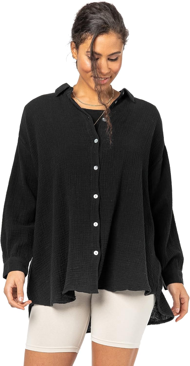 Sublevel Damen Musselin Bluse Muslin Long-Bluse Langarm Oversize Baumwolle S-M Schwarz, S-M Schwarz