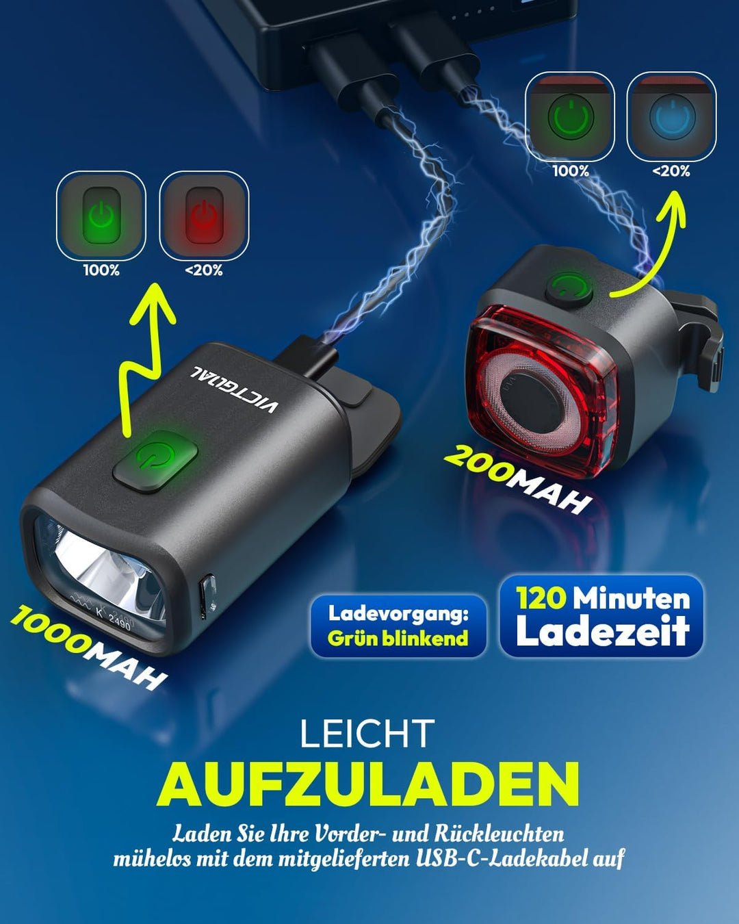 VICTGOAL Fahrradlampe Set StVZO Zugelassen, 50 Lux Fahrrad Lichter LED Set mit IPX5 Wasserdicht, Fah
