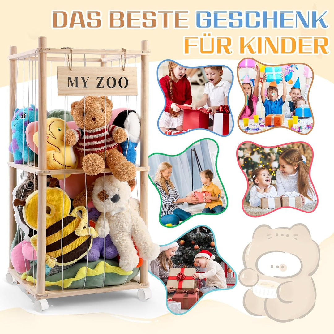 Massivholz Kuscheltier Aufbewahrung mit 360° Rollen & Bremse – inkl. Baumwollnetz, Plüschtier Organi