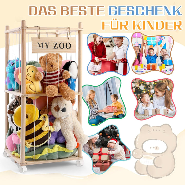 Massivholz Kuscheltier Aufbewahrung mit 360° Rollen & Bremse – inkl. Baumwollnetz, Plüschtier Organi