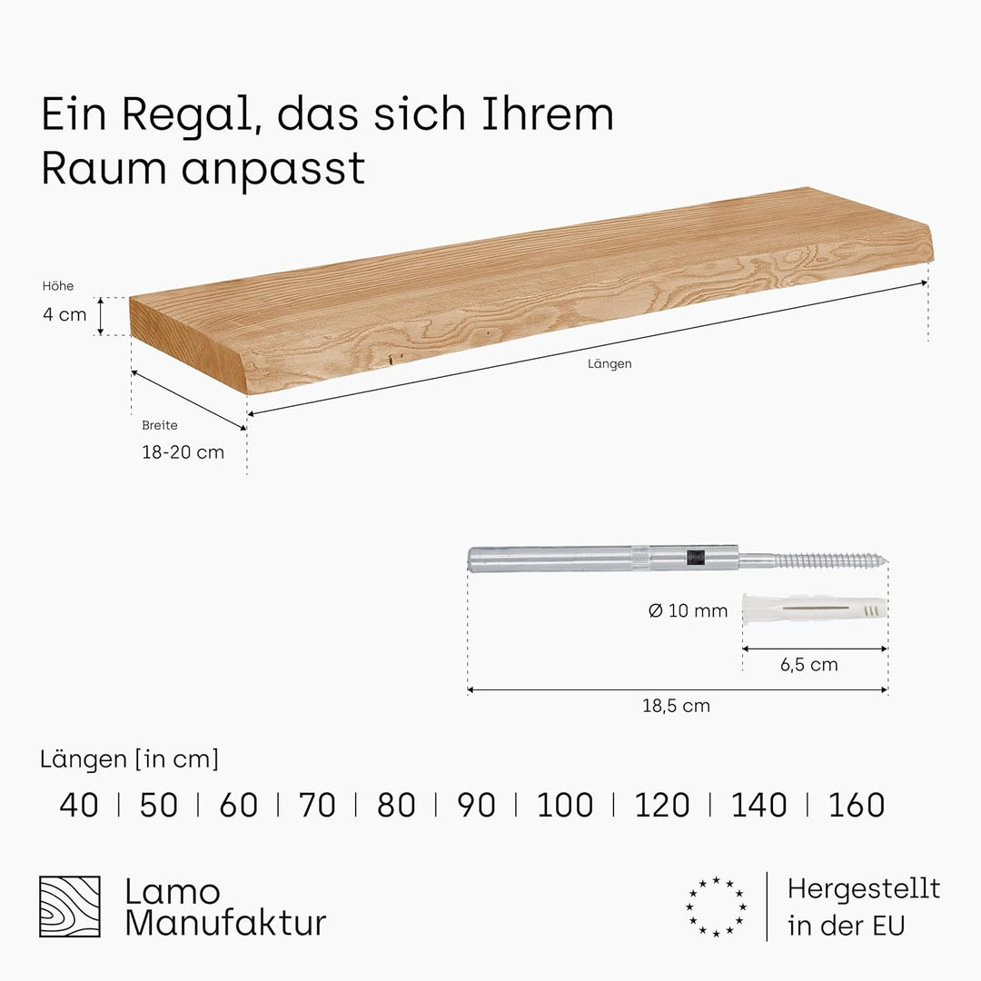 LAMO Manufaktur Schweberegal Holz mit unsichtbarer Befestigung | Wand Regal 80 cm breit für Wohnzimm