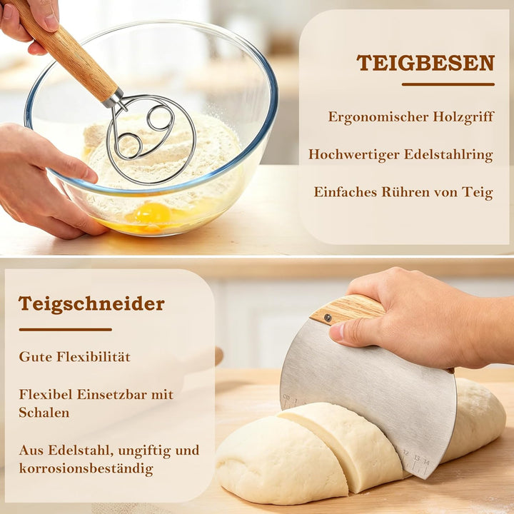 FIVAVA Gärkorb Brot Set, Gärkörbchen Rund 23cm,Brot Backen Zubehör Hochwertiges Rattan Mit Leinenbez