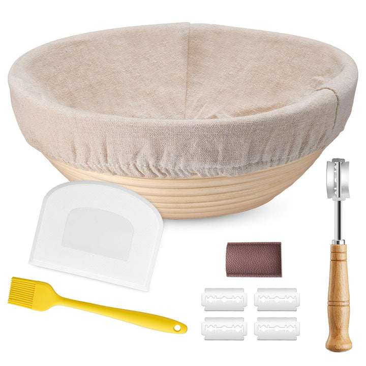HaWare Gärkörbchen, 25cm Gärkorb Rund Brot Set mit Futter, Bäckermesser, Teigschaber und Backpinsel,